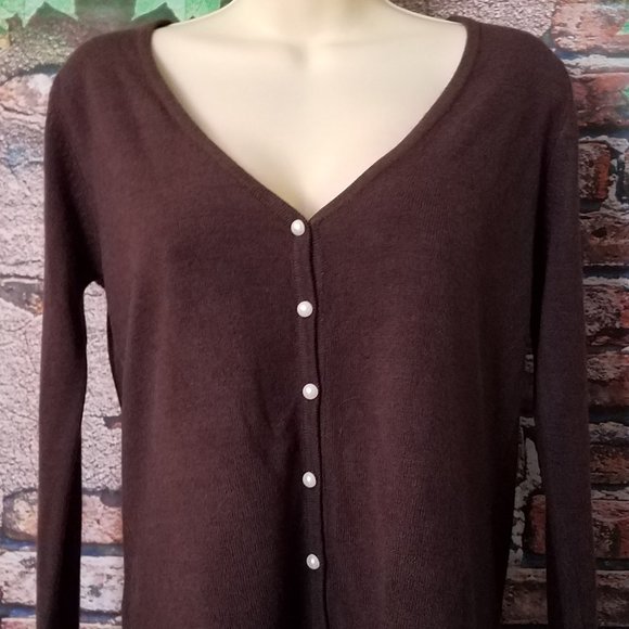 Brown V Neck Pearl Button Down Cardigan - Picture 5 of 5